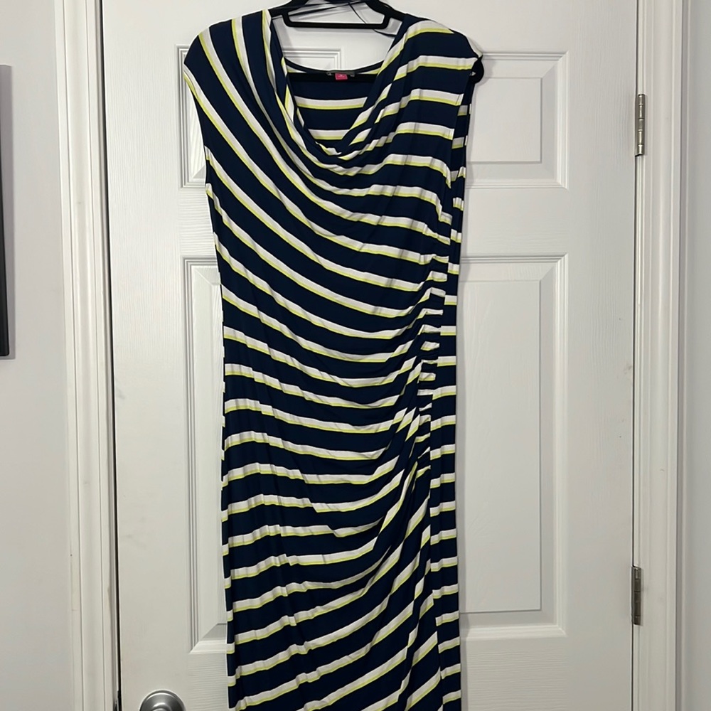 Vince Camuto Striped Asymmetric Sleeveless Dress Cowl Neck Size M